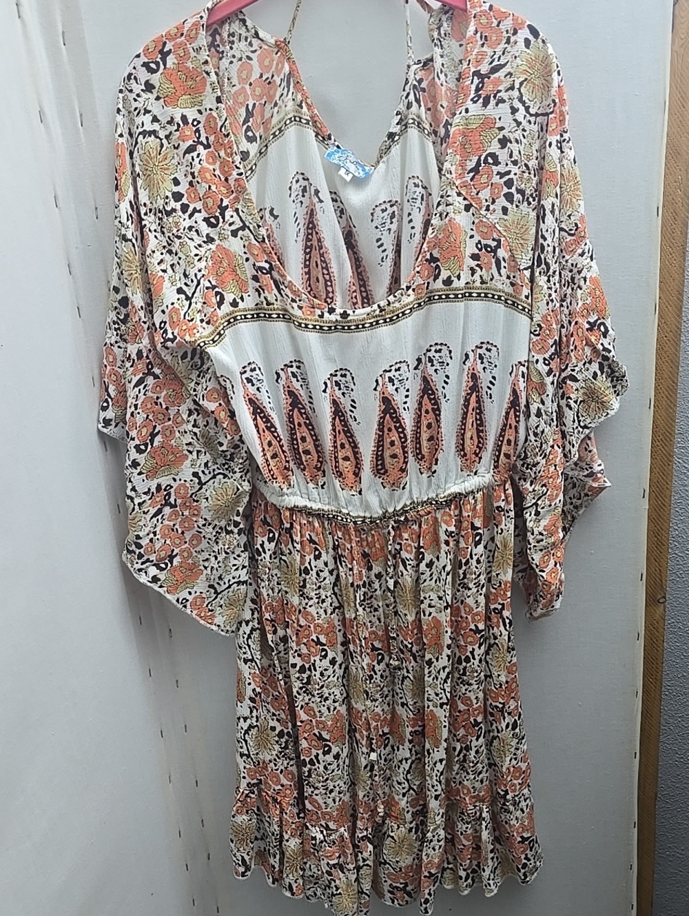 Boho Floral Paisley V-Neck Women's Dress in Cream and Orange